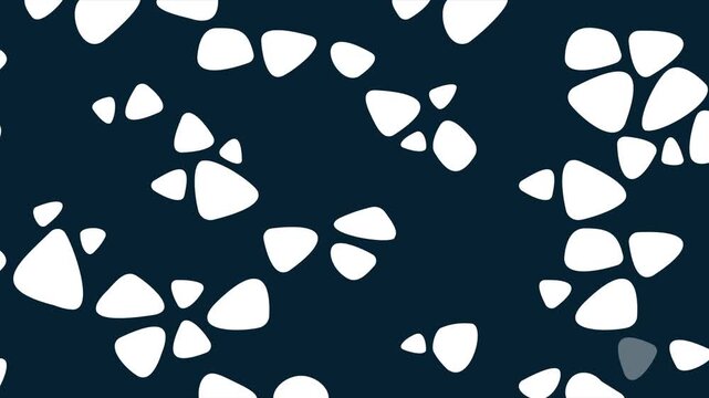White pebble shapes progressively appear across a dark navy background, building an organic mosaic pattern in a clean abstract animation for transitions, reveals, and design backdrops.