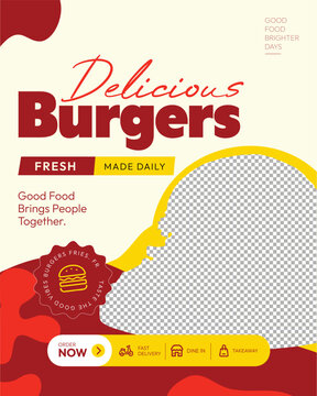 Delicious burger food poster with bold typography, fresh daily message, warm red and yellow colors, modern menu design and takeaway delivery options. Concept of fast food, dining and casual cuisine
