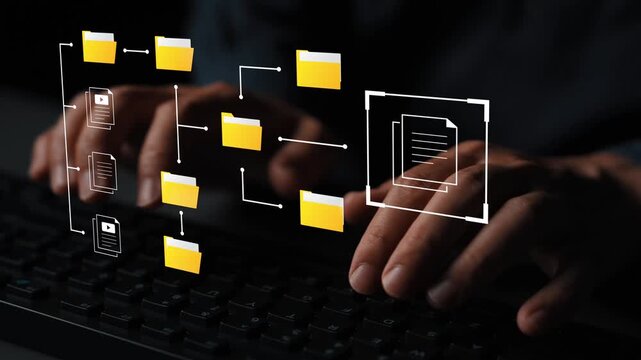 Data Management Concept with Yellow Folders and Digital Workflow Illustration on Dark Background Featuring Hands Typing on Keyboard Gluon.
