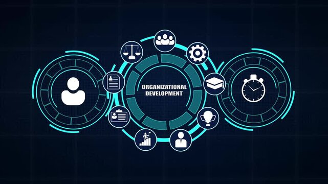 Organizational development business strategy display showing corporate restructuring metrics and interactive HUD icons