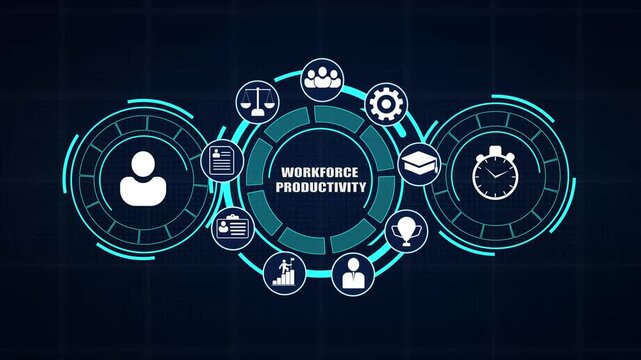 Workforce productivity performance monitor depicting staff efficiency statistics and corporate operational HUD graphics