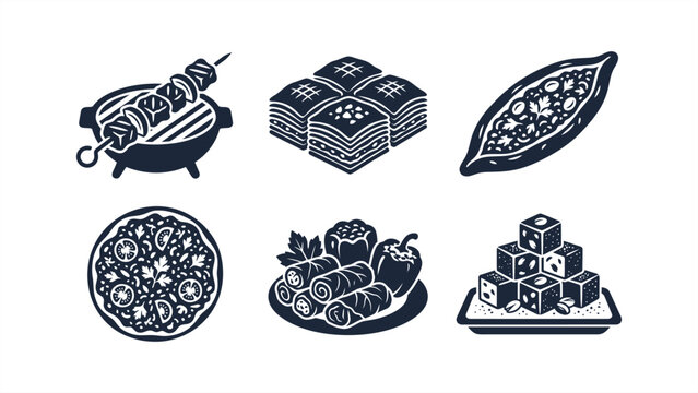 Set of black and white vector icons showcasing traditional Middle Eastern and Turkish food items including grilled shish kebab, layered baklava, pide flatbread, stuffed sarma, and sweet dessert cubes.