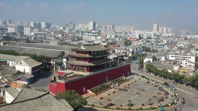 Traditional Chinese Gate Tower in Historic City Center with Modern Skyline in China