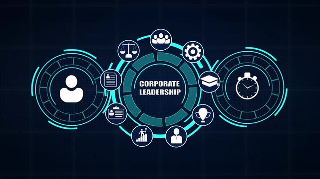 Directing enterprise success through corporate leadership digital screen featuring high level authority visual icons