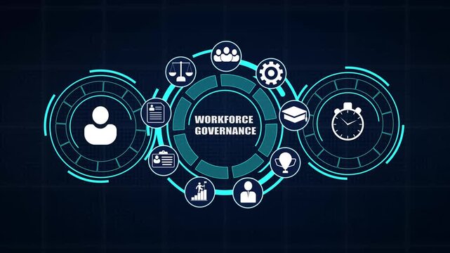 Workforce governance regulatory policy dashboard UI displaying corporate compliance standards and labor protocol icons