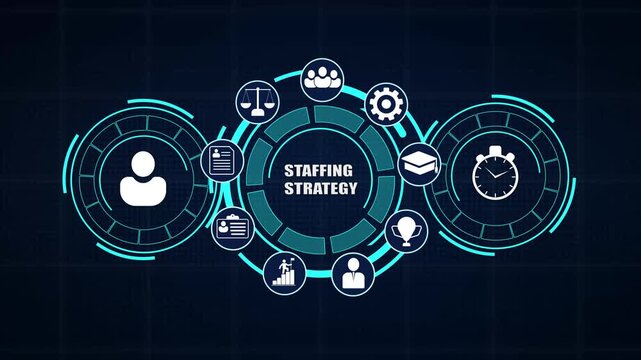 Staffing strategy workforce planning UI presenting corporate hiring projection metrics and interactive visual HUD icons