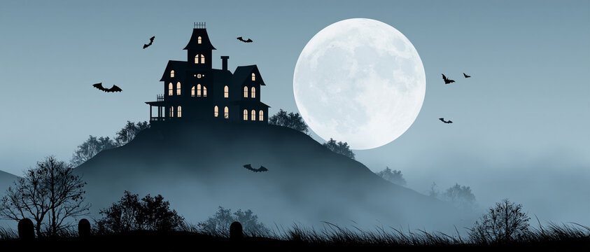 Halloween Haunted House Full Moon Bats Silhouettes Banner