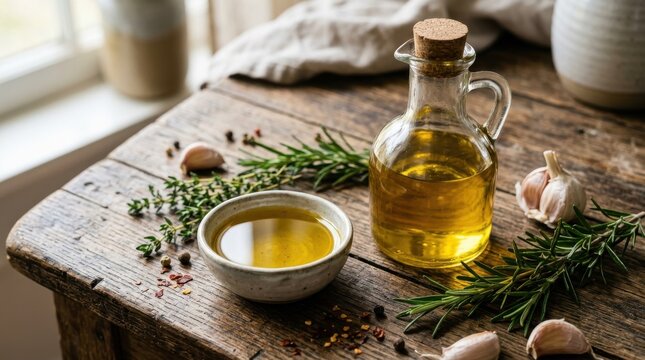 Rustic wooden kitchen table set with fresh extra virgin olive oil in glass cruet small ceramic bowl garlic cloves rosemary sprigs and herbs
