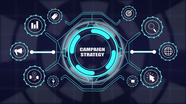 Campaign strategy concept displaying digital marketing plan audience targeting promo execution and brand advertising success