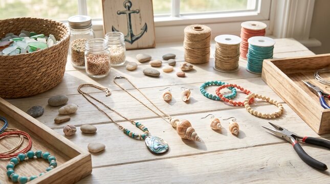Handcrafted coastal jewelry featuring authentic seashells, turquoise beads, and natural twine arranged on a rustic wooden table under soft natural light for a creative craft project.