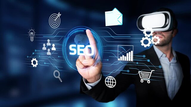 Businessman Using Virtual Reality Technology to Enhance SEO Strategy with Digital Analytics and Marketing Icons. Entropy.