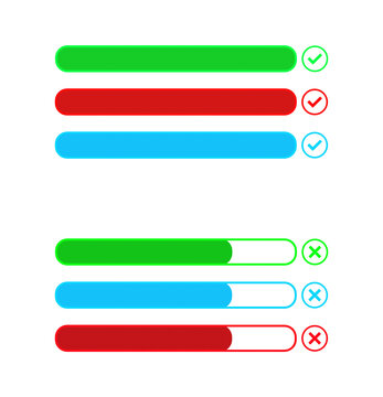 Green blue and red neon progress bars showing upload, loading, success, completion, failure and error states on a black background. Ideal for UI, app, system status and workflow concepts.