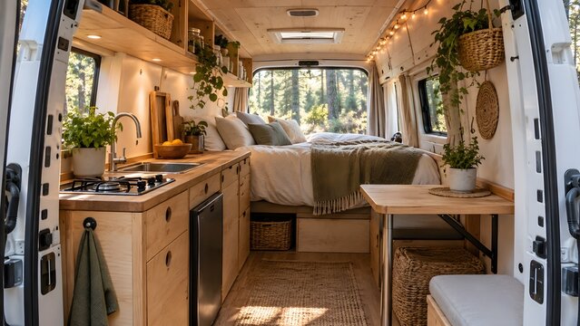 Cozy converted camper van interior with kitchen and bed