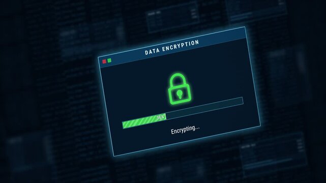 Animated encryption success window with green check mark and data protected message on blue code background, cyber security and privacy compliance loop