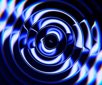 Water ripple circle texture pattern with glowing neon blue concentric rings, liquid refraction on dark render background. Radial 3d design, sound waves, target archery and optical art. 3D illustration