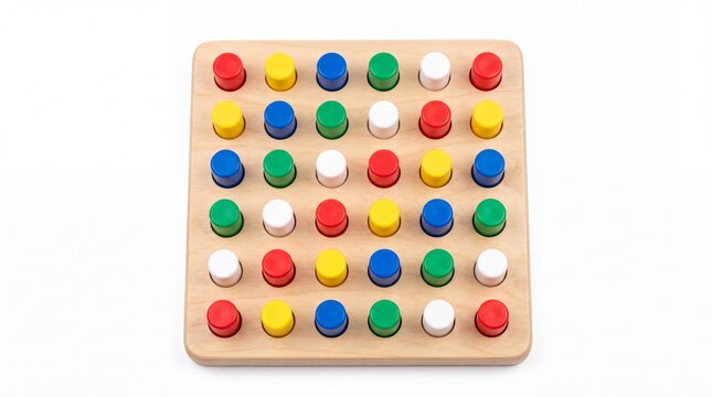 Montessori wooden peg board toy with colorful cylindrical blocks for early childhood development on white background