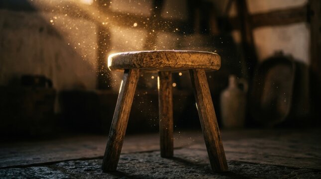 Rustic wooden three legged stool illuminated by golden sunbeams in a dimly lit antique barn filled with floating dust particles and vintage charm
