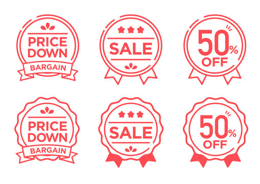 シンプルな線画のセールバッジアイコンセット SALE 50%OFF 値引き・プライスダウン枠