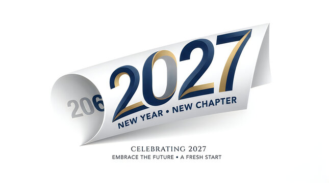 Happy new year 2027 greeting card design with bold typography and a modern fresh chapter message
