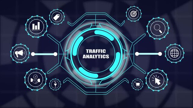 Interactive web traffic analytics concept featuring real-time visitor tracking, user behavior metrics, online campaign performance and website optimization tactics