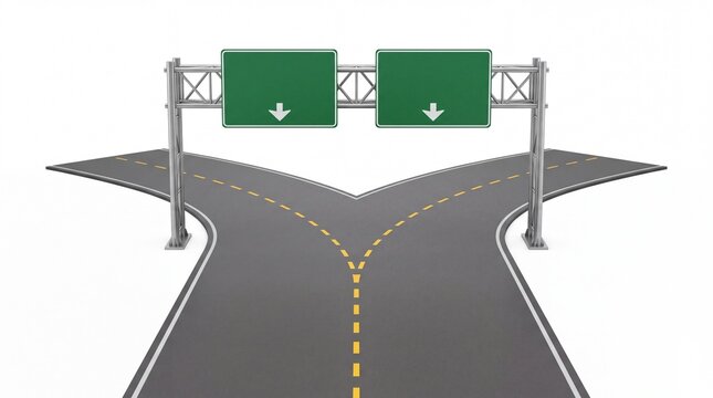 Blank road sign hanging over highway fork diverging into two directions isolated on white background