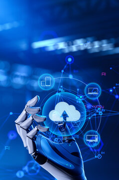 Futuristic Robot Hand Holding Cloud Upload Icon in Digital Network