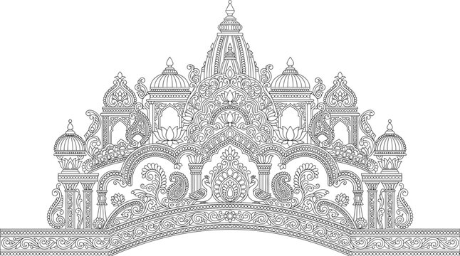 Intricate Traditional Indian Temple Arch and Mandapam Silhouette Vector Illustration