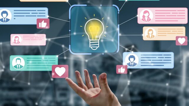 Conceptual image representing ideas and communication through social media, showcasing hand reaching for light bulb surrounded by diverse chat bubbles and user icons. Entropy.