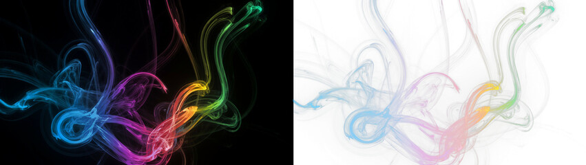 Obraz premium Abstract colorful smoke trails flowing in a dynamic swirl pattern, vibrant glowing light waves on black and transparent backgrounds