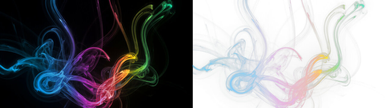 Abstract colorful smoke trails flowing in a dynamic swirl pattern, vibrant glowing light waves on black and transparent backgrounds