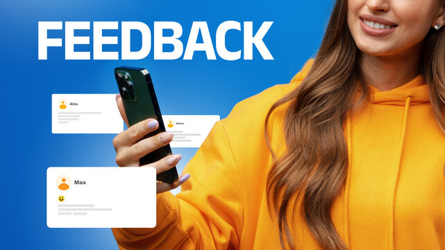 Person checking feedback on a smartphone in a bright setting with colorful graphics in the background