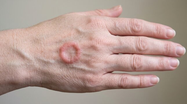 Ringworm infection granuloma annulare circular red rash lesion on back of human hand