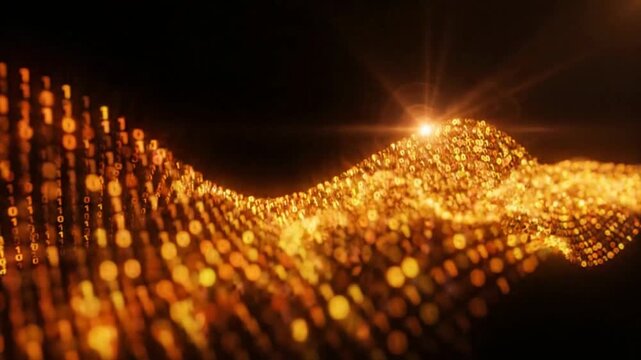 Abstract digital background with glowing golden binary code wave patterns.