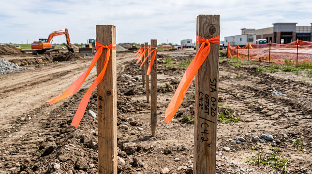 Survey stakes with orange flagging tape marking construction site layout, boundaries and excavation lines