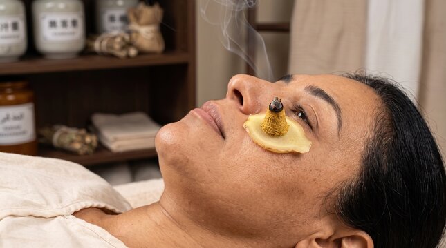 Traditional Chinese medicine ginger moxibustion therapy on cheek of woman in spa clinic