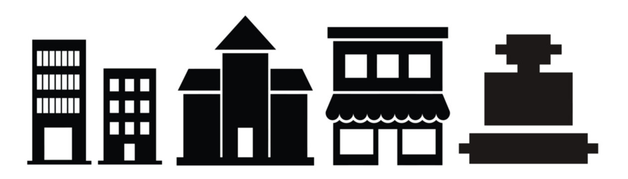 Black and white illustration of a city skyline with various buildings