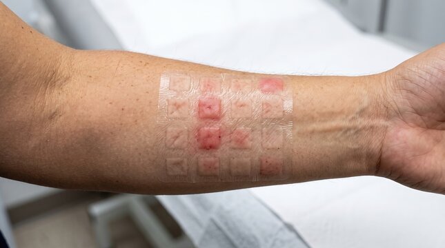 Allergy patch test grid on patient forearm showing positive erythema contact dermatitis