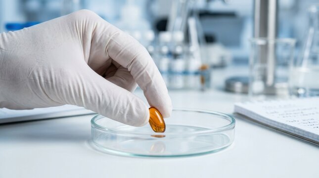 Scientist in white gloves placing amber colored gel capsule pill into glass petri dish for pharmaceutical laboratory testing research and development