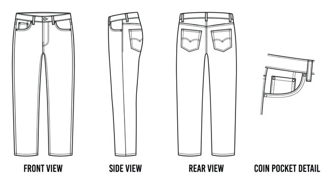 Blue jeans from front side and rear view with coin pocket detail.