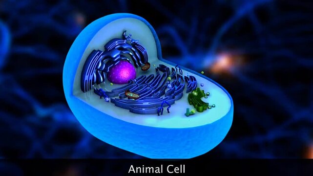 Scientific illustration of an animal cell showing its membrane, nucleus, cytoplasm, and major organelles.