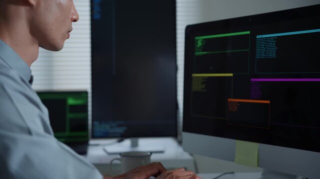 Asian developer coding on a computer writing software in a dark office working overtime on a new project