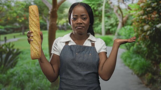 Woman baker wearing apron holding a baguette in left hand and shrugging with right palm up on street; confusion indecision.