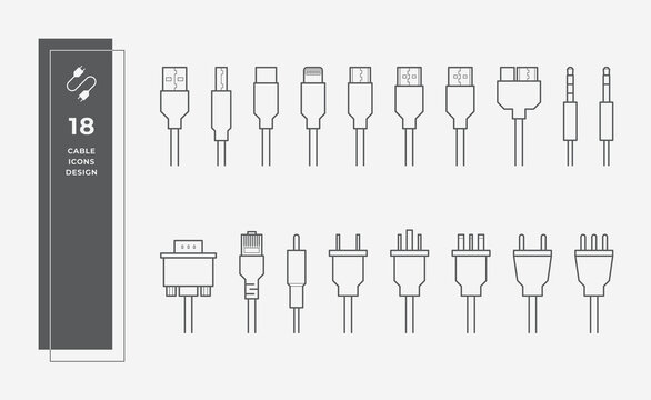 18 cable plug editable vector icons set
