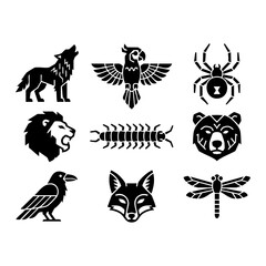 Fototapeta premium A collection of nine black animal icons in a graphic, tribal style, including a wolf, eagle, spider, and bear.