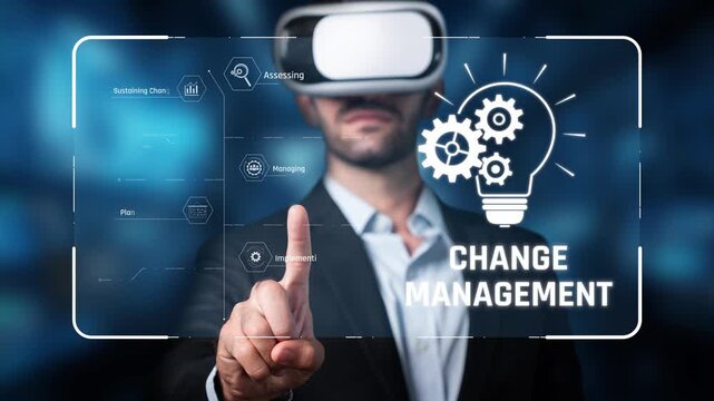 A professional man engages with virtual reality technology to enhance change management strategies in a modern business setting, showcasing innovative data visualizations. Raster