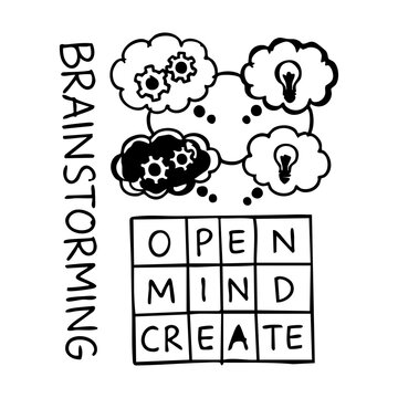 Hand-drawn illustration about brainstorming with thought bubbles, gears, lightbulbs, and an 'open mind create' word puzzle.