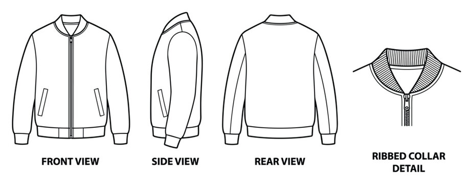 Mens bomber jacket front side rear views and ribbed collar detail isolated on white.