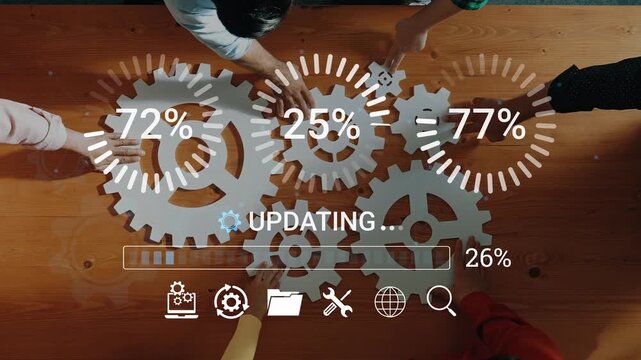 Hands Collaborating on Gears with Progress Indicators and Update Status in a Creative Work Environment. Entropy.