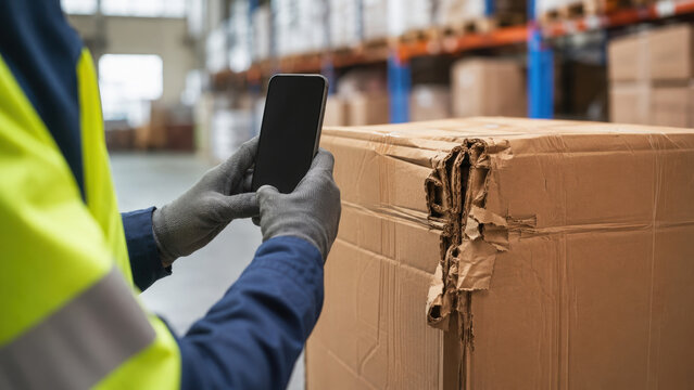 Warehouse worker checking damaged shipment with mobile phone near cardboard box in storage facility