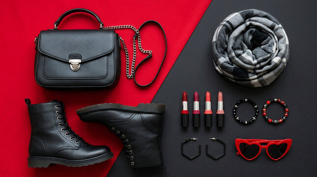 Flat lay of women fashion accessories including black boots, handbag, scarf, and makeup
